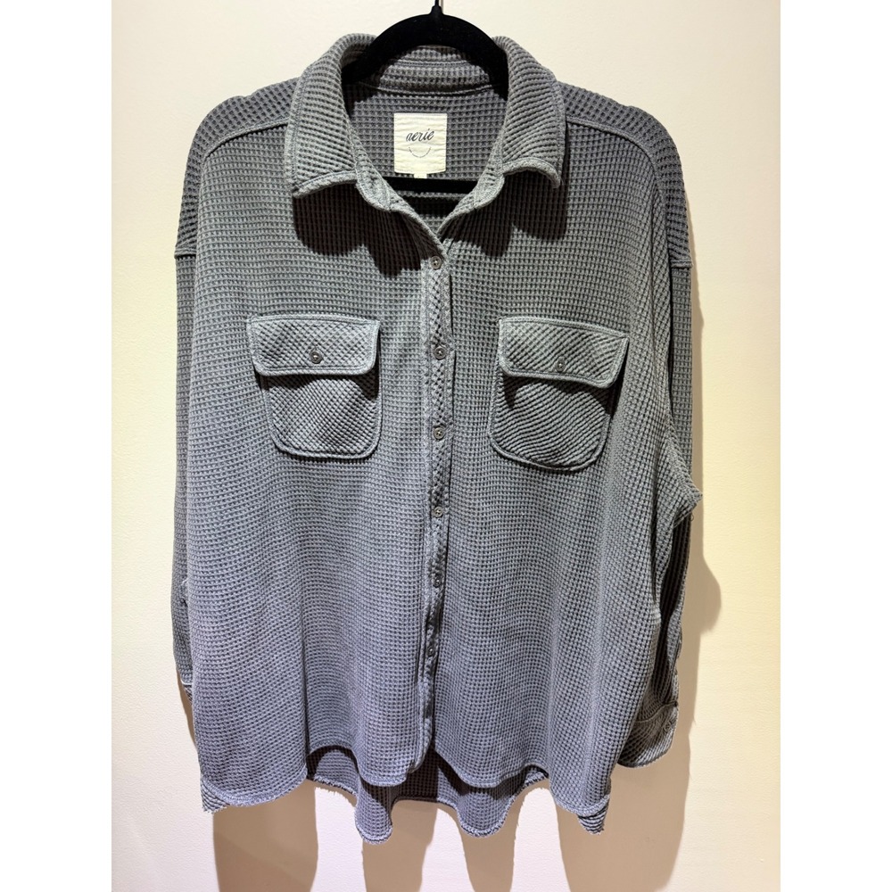 Aerie Waffle Knit Button Down Shirt Gray Thermal Oversized Shacket Small Pockets